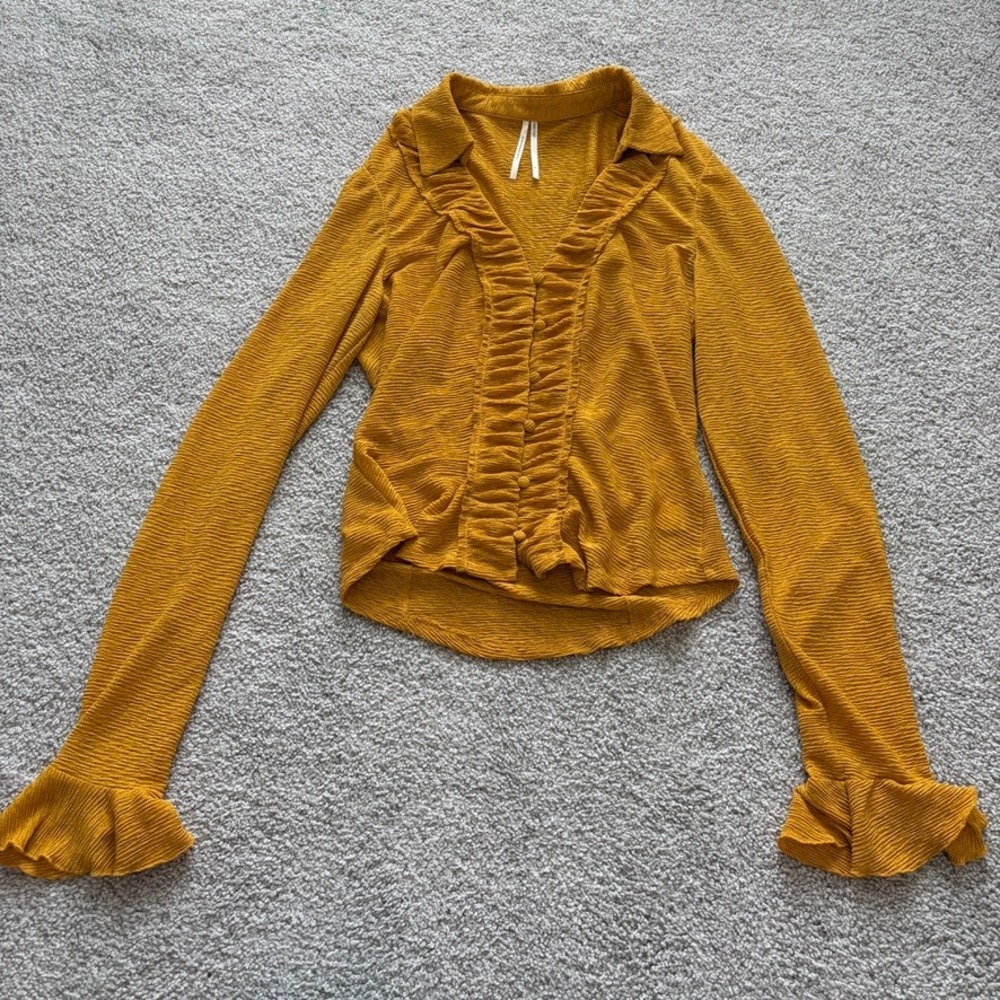 Anthropologie Textured Button Down Top Womens S Mustard Yellow Ruffle Regency
